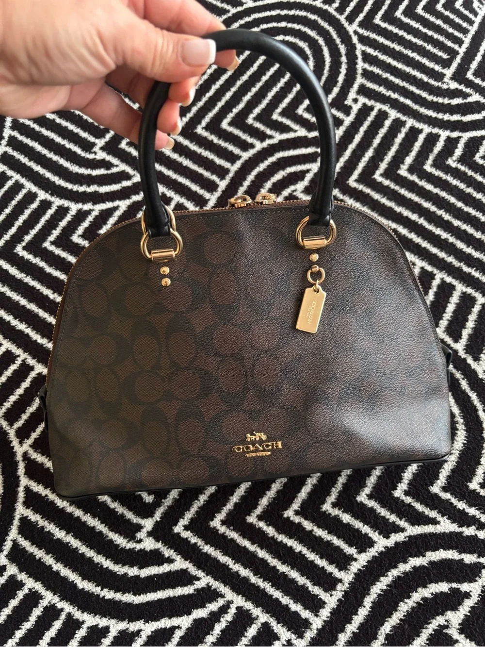 COACH Brown Signature Dome Satchel with Black Handles